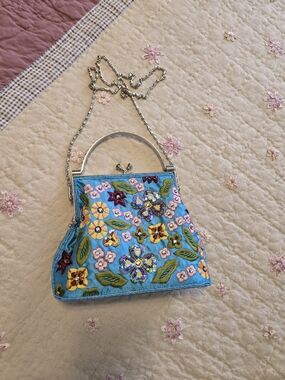 Embroidered, Beaded And Sequined Blue Floral Evening Clutch with Chain Strap